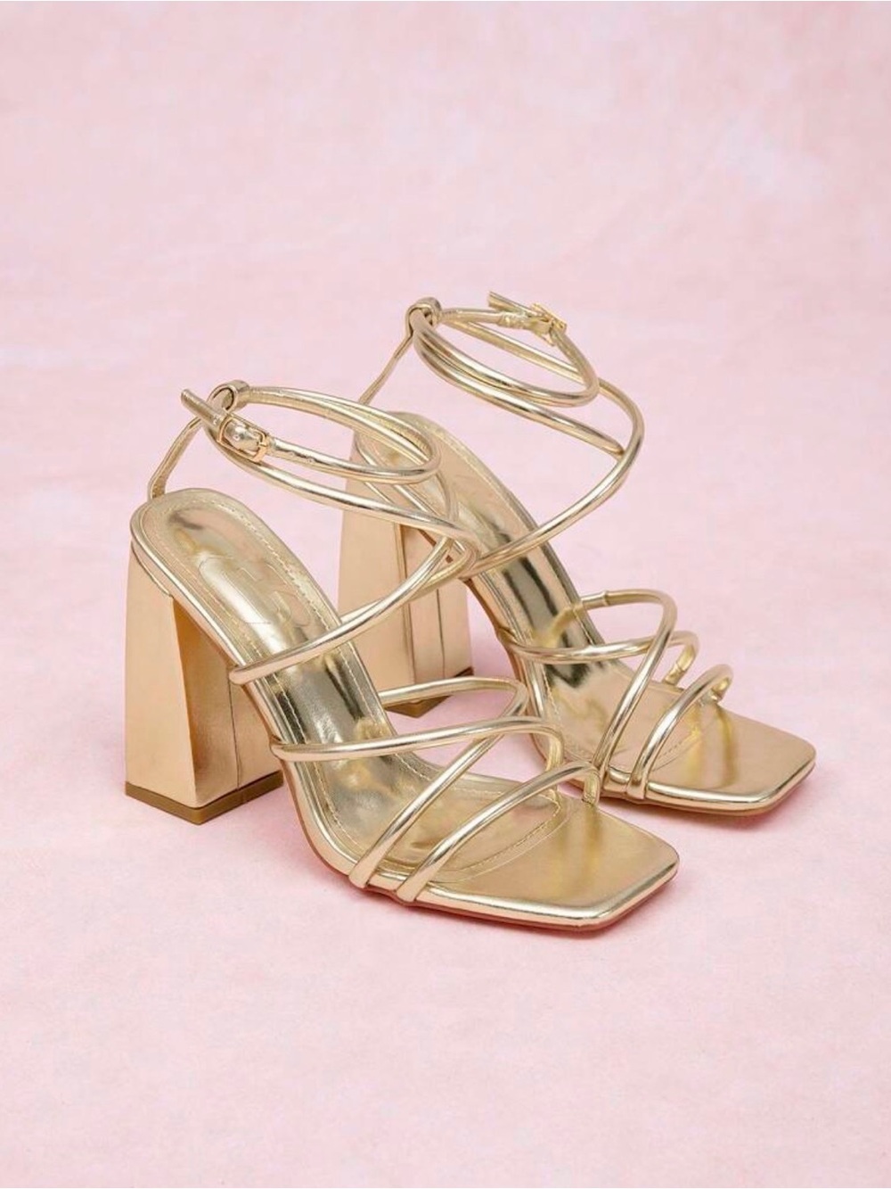 Metallic Gold Strappy Block Heel Sandals